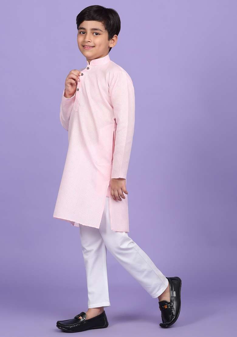 Pink Woven Design Cotton Blend Kurta For Boys - Indya