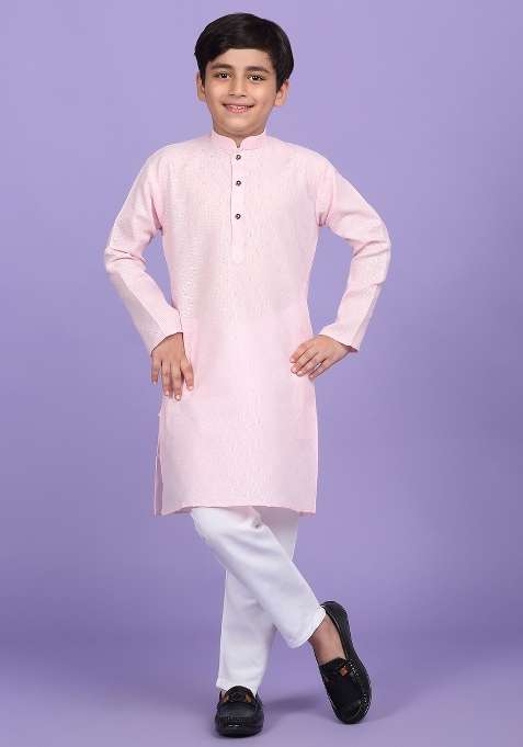 Pink Woven Design Cotton Blend Kurta For Boys