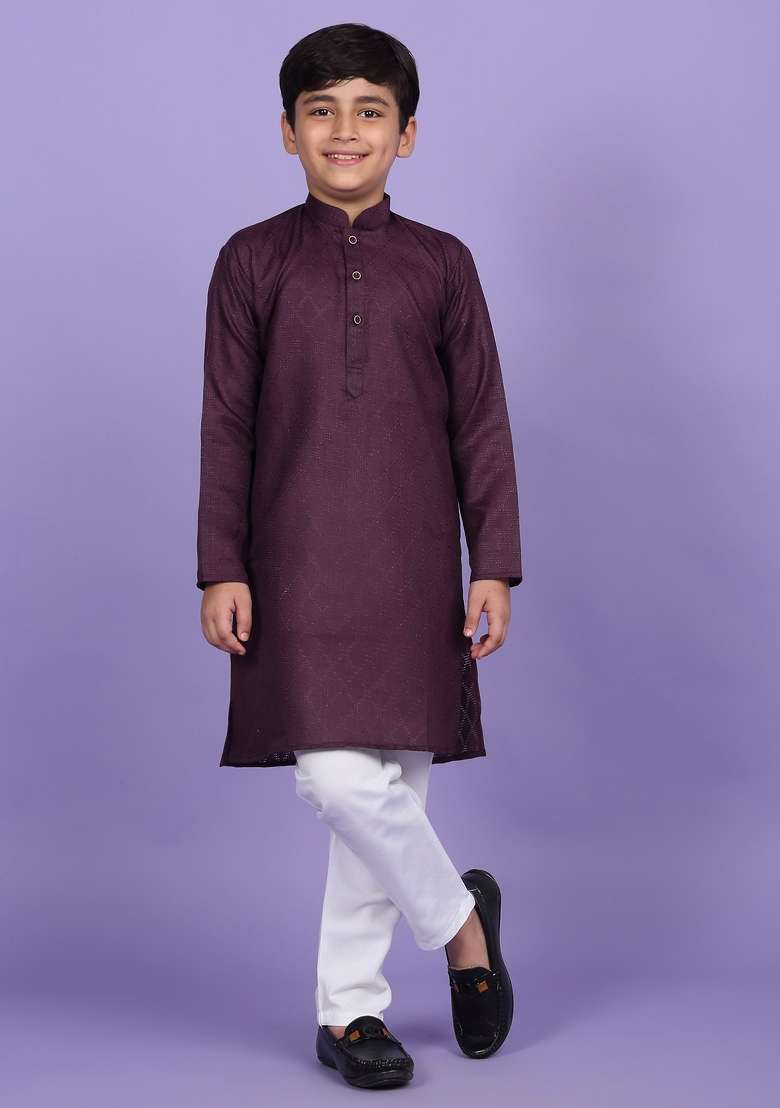 Purple Woven Design Cotton Blend Kurta For Boys - Indya