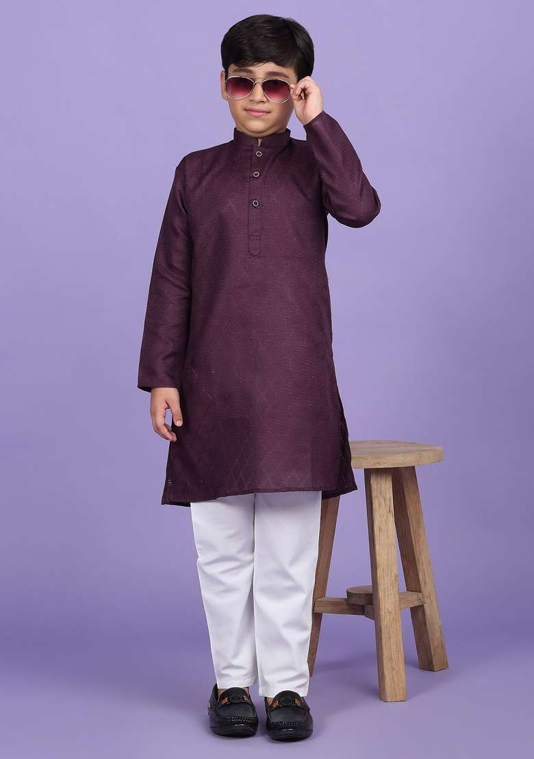 Purple Woven Design Cotton Blend Kurta For Boys - Indya