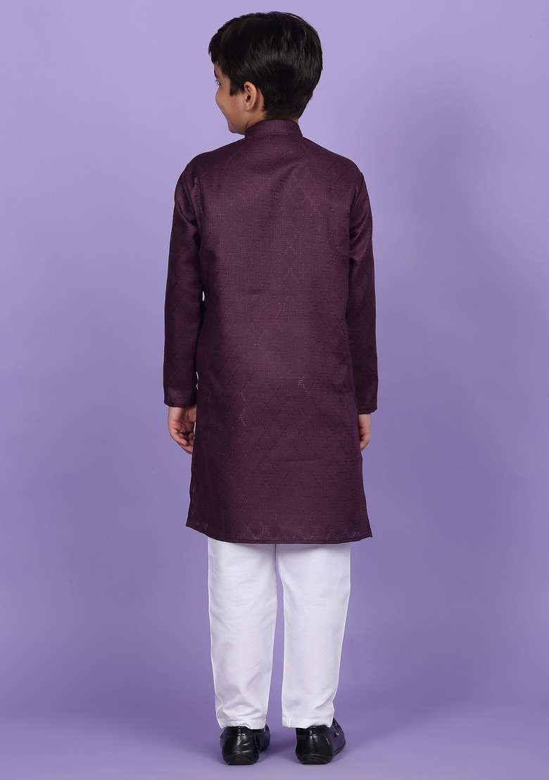 Purple Woven Design Cotton Blend Kurta For Boys - Indya