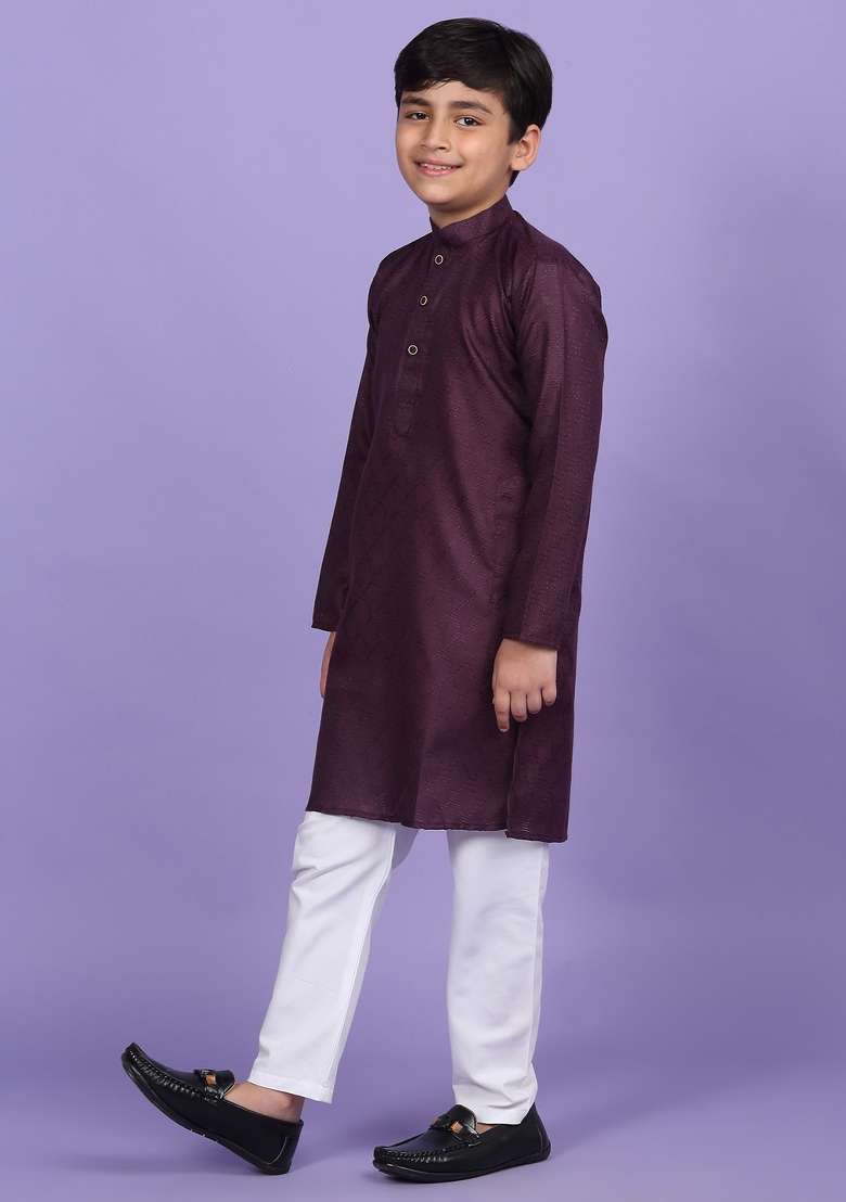 Purple Woven Design Cotton Blend Kurta For Boys - Indya