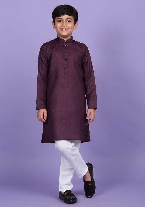 Purple Woven Design Cotton Blend Kurta For Boys