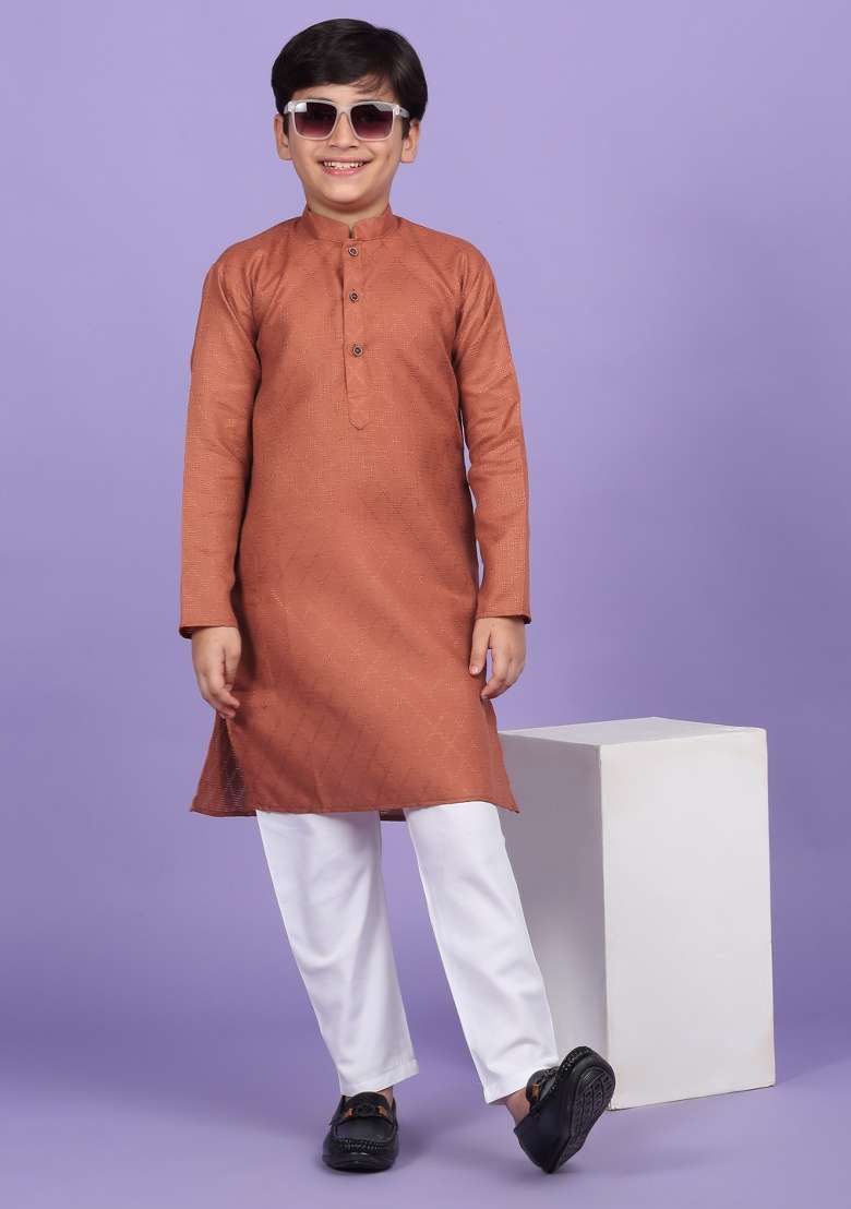 Orange Woven Design Cotton Blend Kurta For Boys - Indya