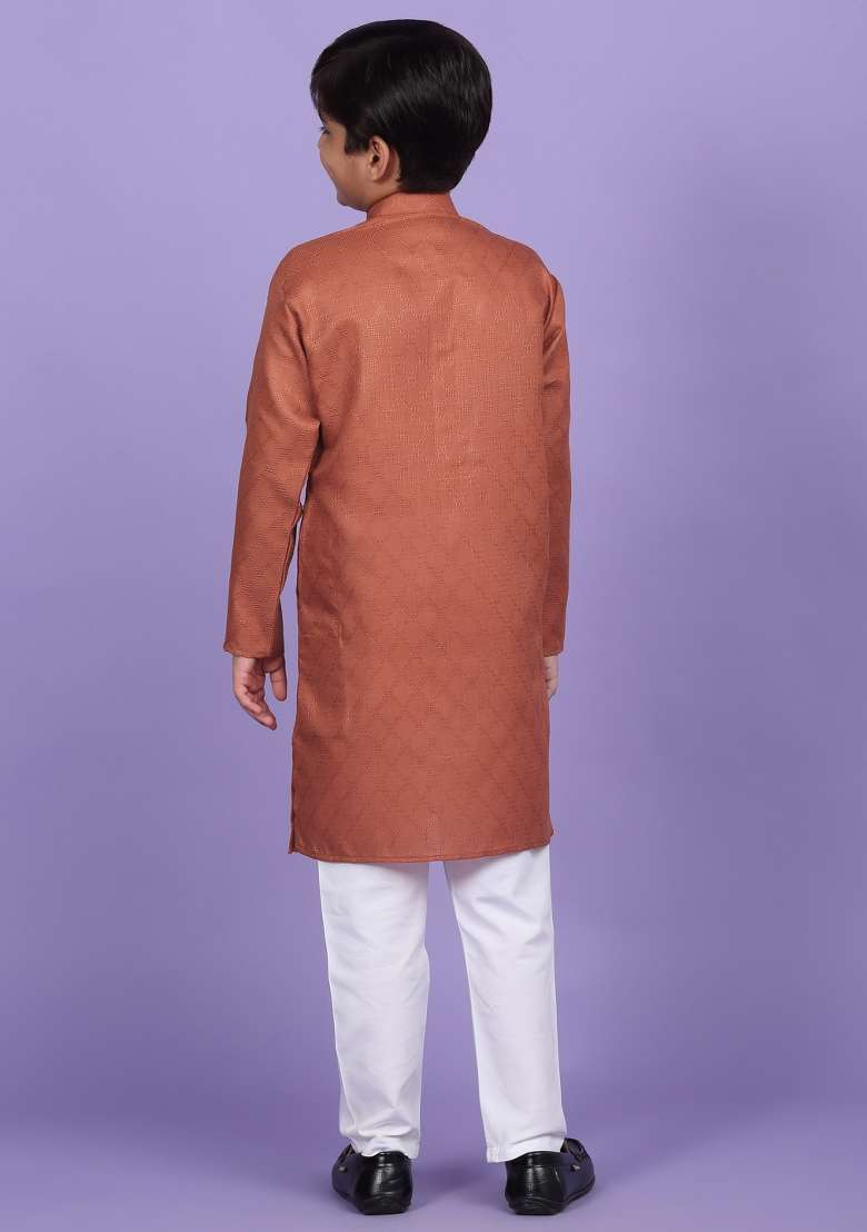 Orange Woven Design Cotton Blend Kurta For Boys - Indya