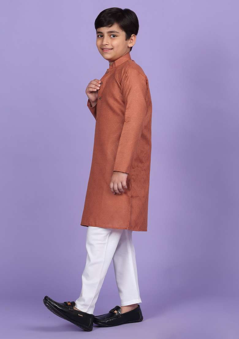 Orange Woven Design Cotton Blend Kurta For Boys - Indya