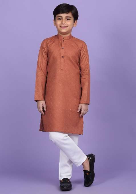 Orange Woven Design Cotton Blend Kurta For Boys