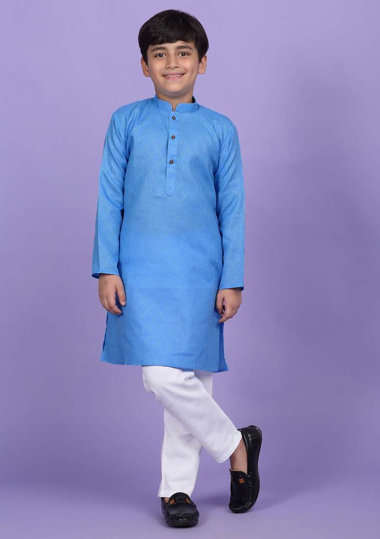 Sky Blue Woven Design Cotton Blend Kurta For Boys - Indya