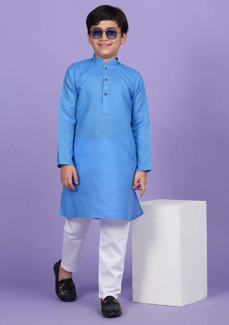 Sky Blue Woven Design Cotton Blend Kurta For Boys - Indya