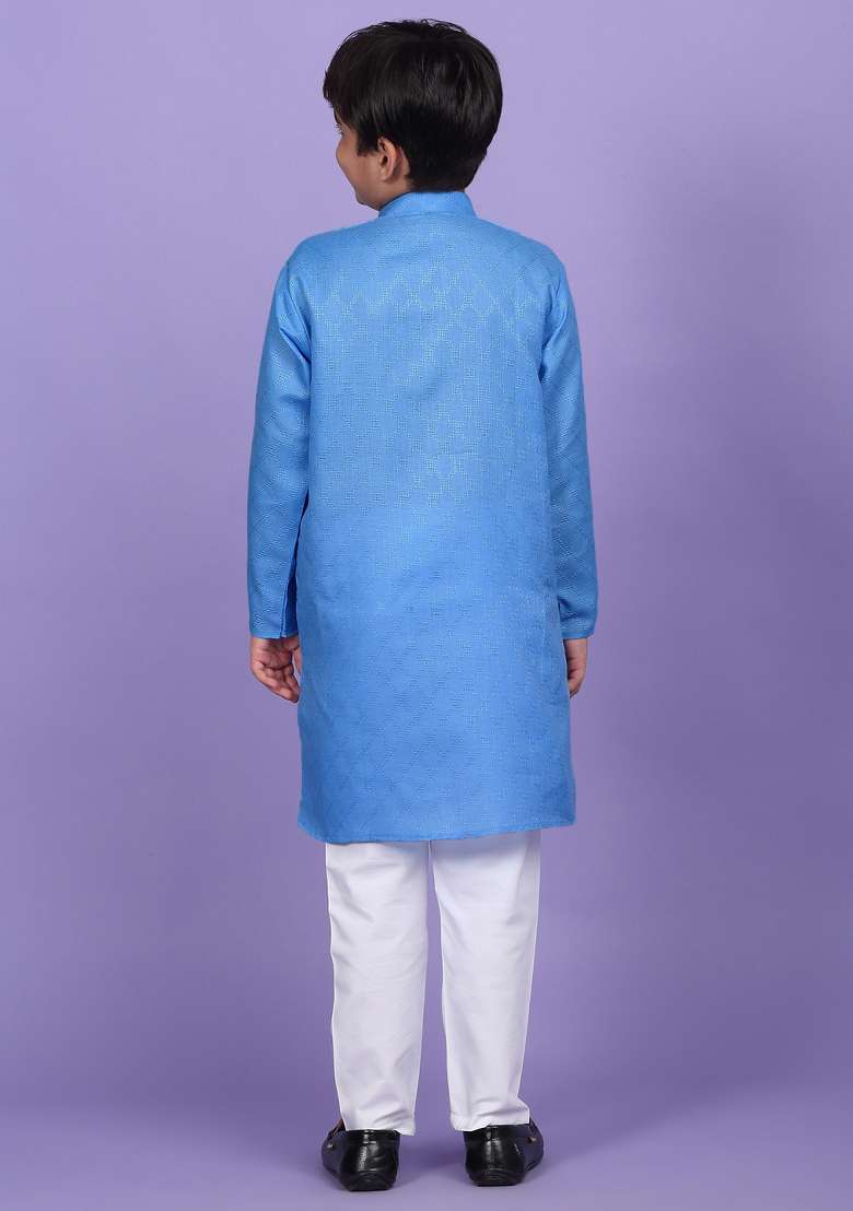 Sky Blue Woven Design Cotton Blend Kurta For Boys - Indya