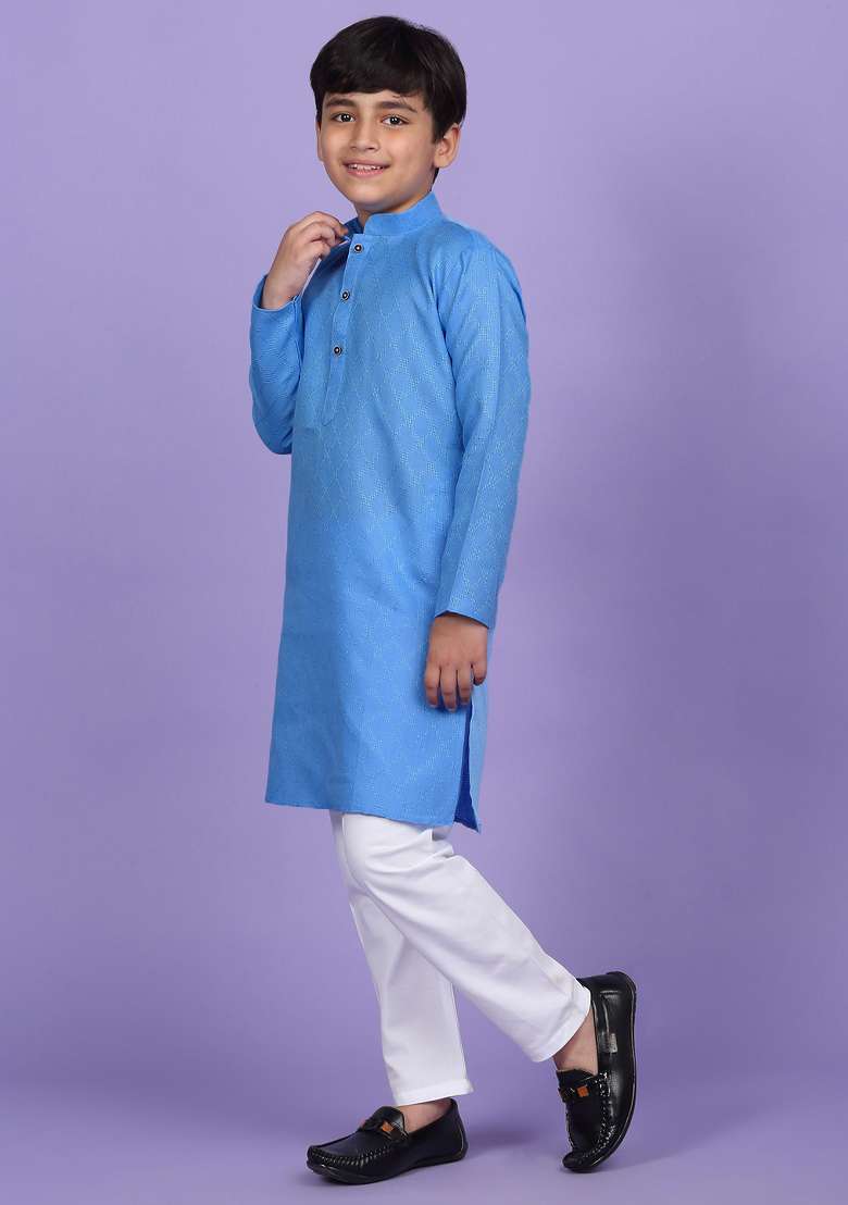 Sky Blue Woven Design Cotton Blend Kurta For Boys - Indya