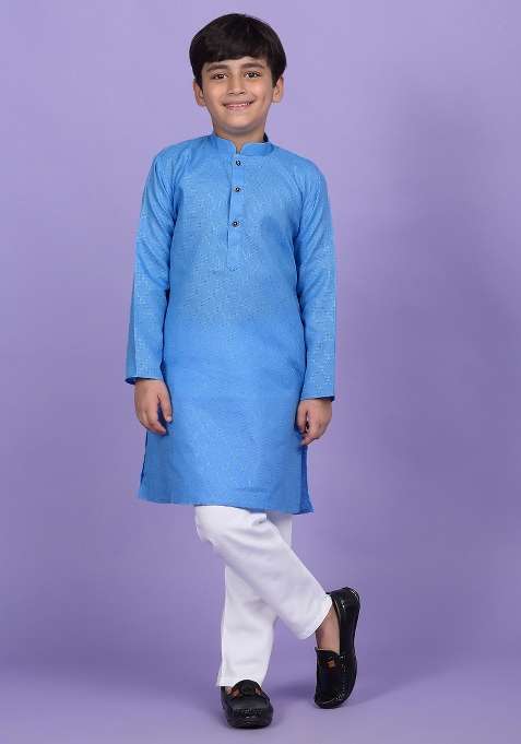 Sky Blue Woven Design Cotton Blend Kurta For Boys