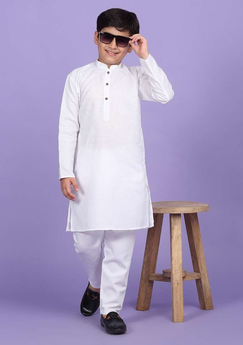 White Woven Design Cotton Blend Kurta For Boys - Indya