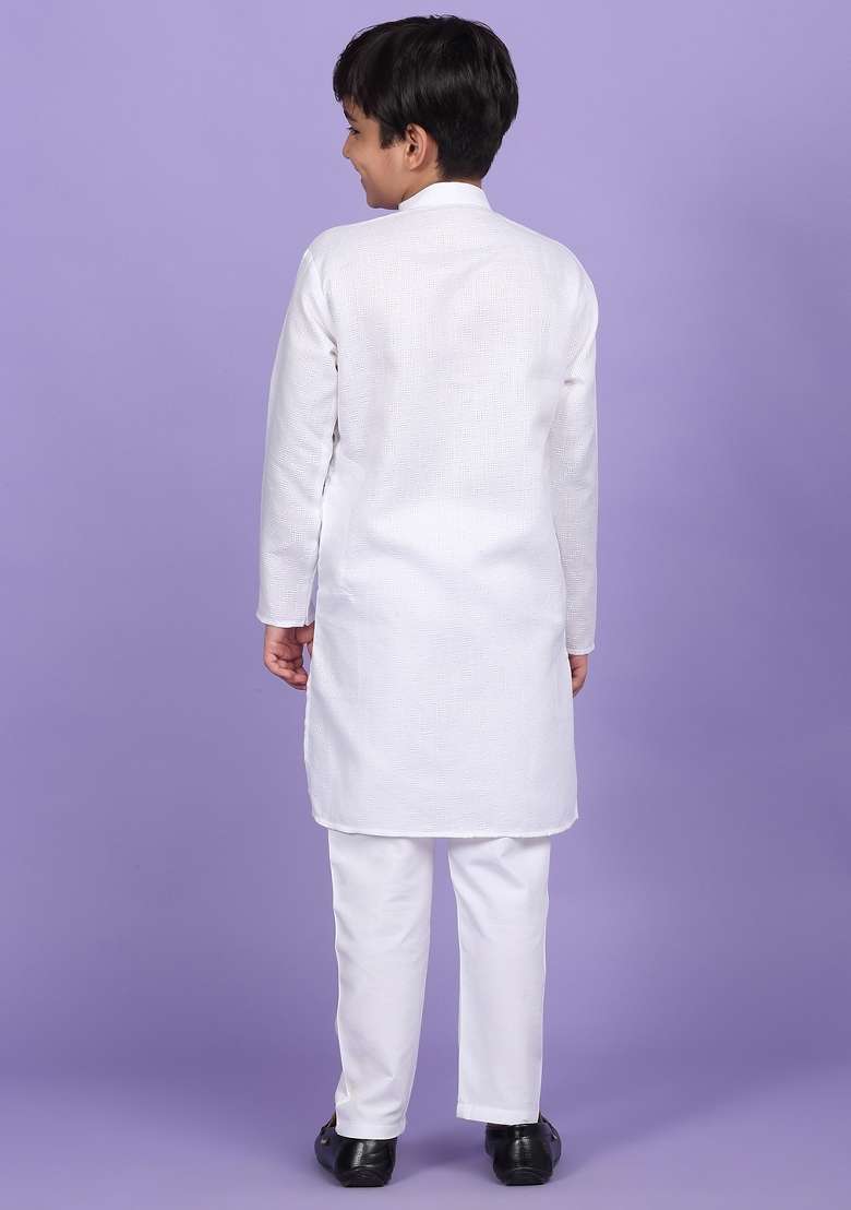 White Woven Design Cotton Blend Kurta For Boys - Indya