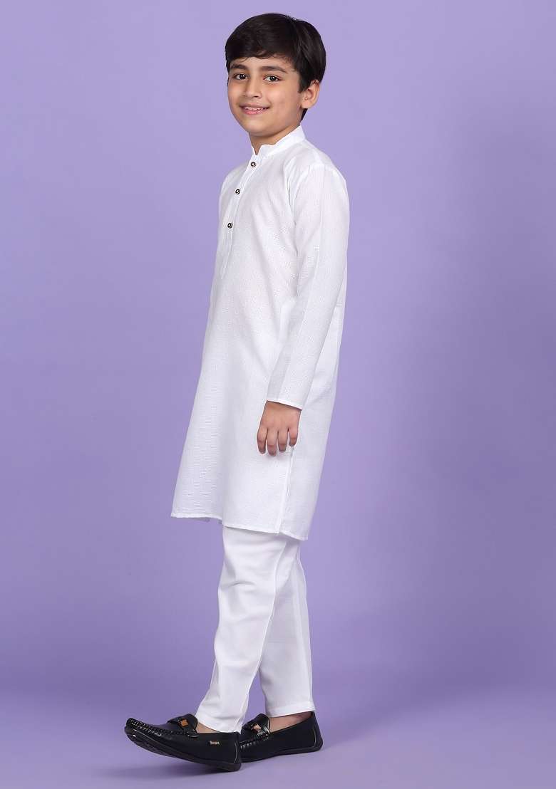 White Woven Design Cotton Blend Kurta For Boys - Indya