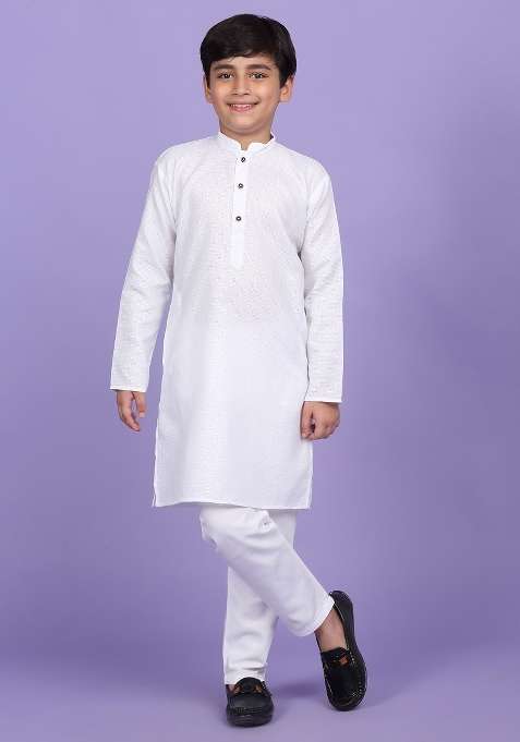 White Woven Design Cotton Blend Kurta For Boys