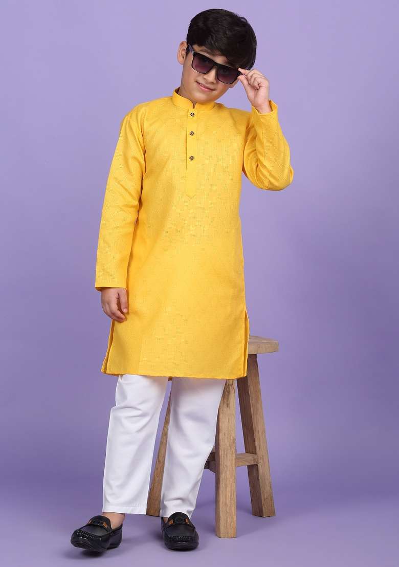 Yellow Woven Design Cotton Blend Kurta For Boys - Indya