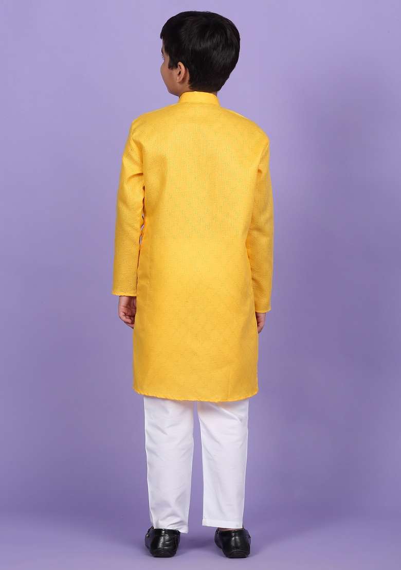 Yellow Woven Design Cotton Blend Kurta For Boys - Indya