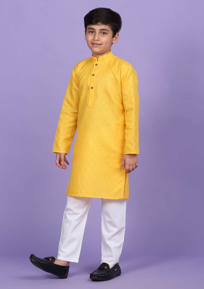Yellow Woven Design Cotton Blend Kurta For Boys - Indya