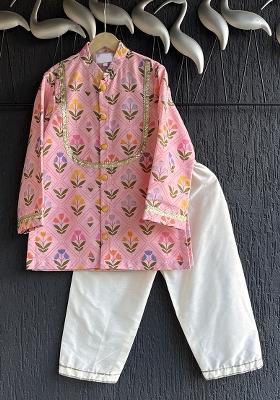 Pink Printed Cotton Silk Kurta Set For Boys