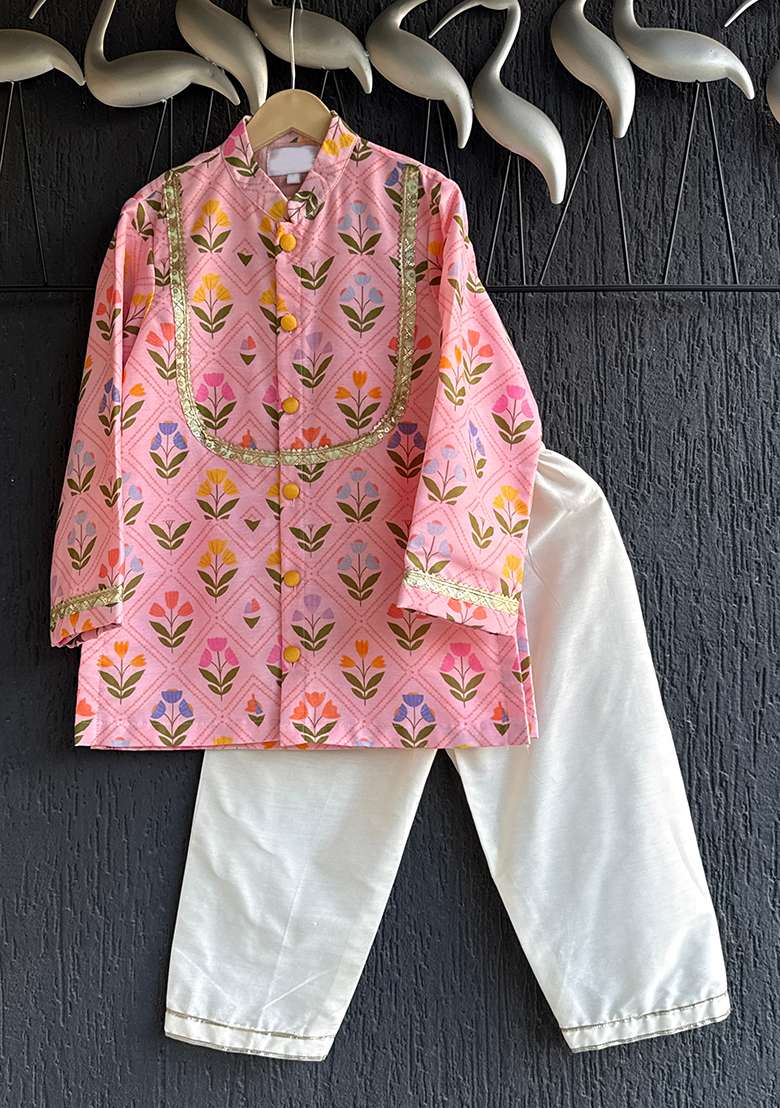 Pink Printed Cotton Silk Kurta Set For Boys - Indya