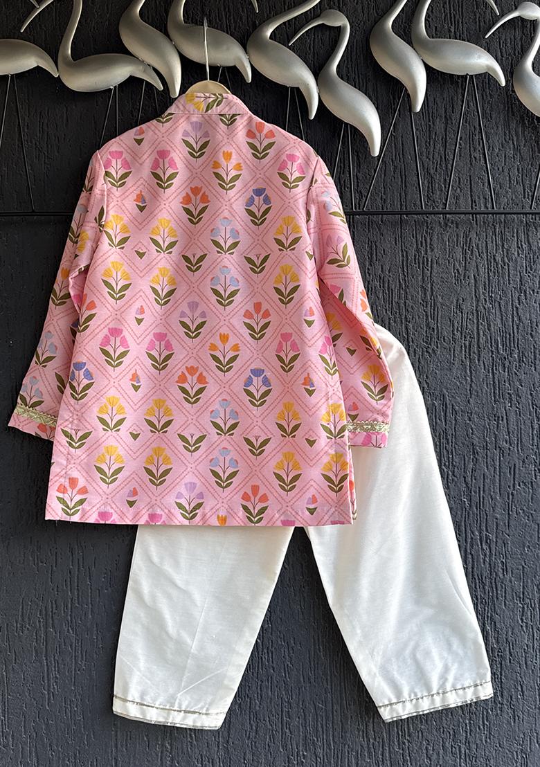 Pink Printed Cotton Silk Kurta Set For Boys - Indya