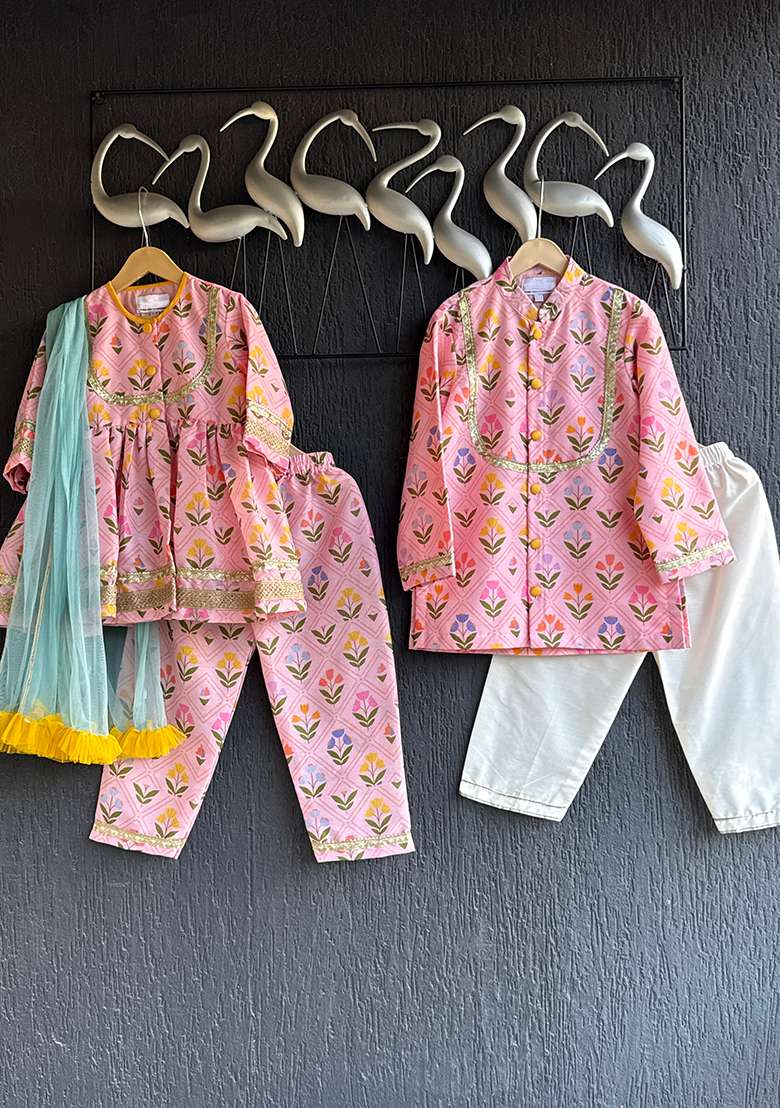 Pink Printed Cotton Silk Kurta Set For Boys - Indya