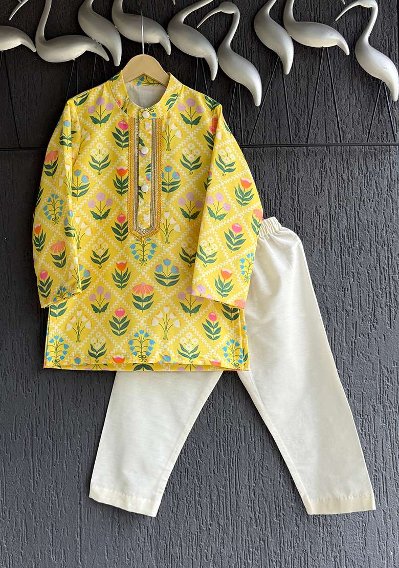 Yellow Printed Cotton Silk Kurta Set For Boys - Indya