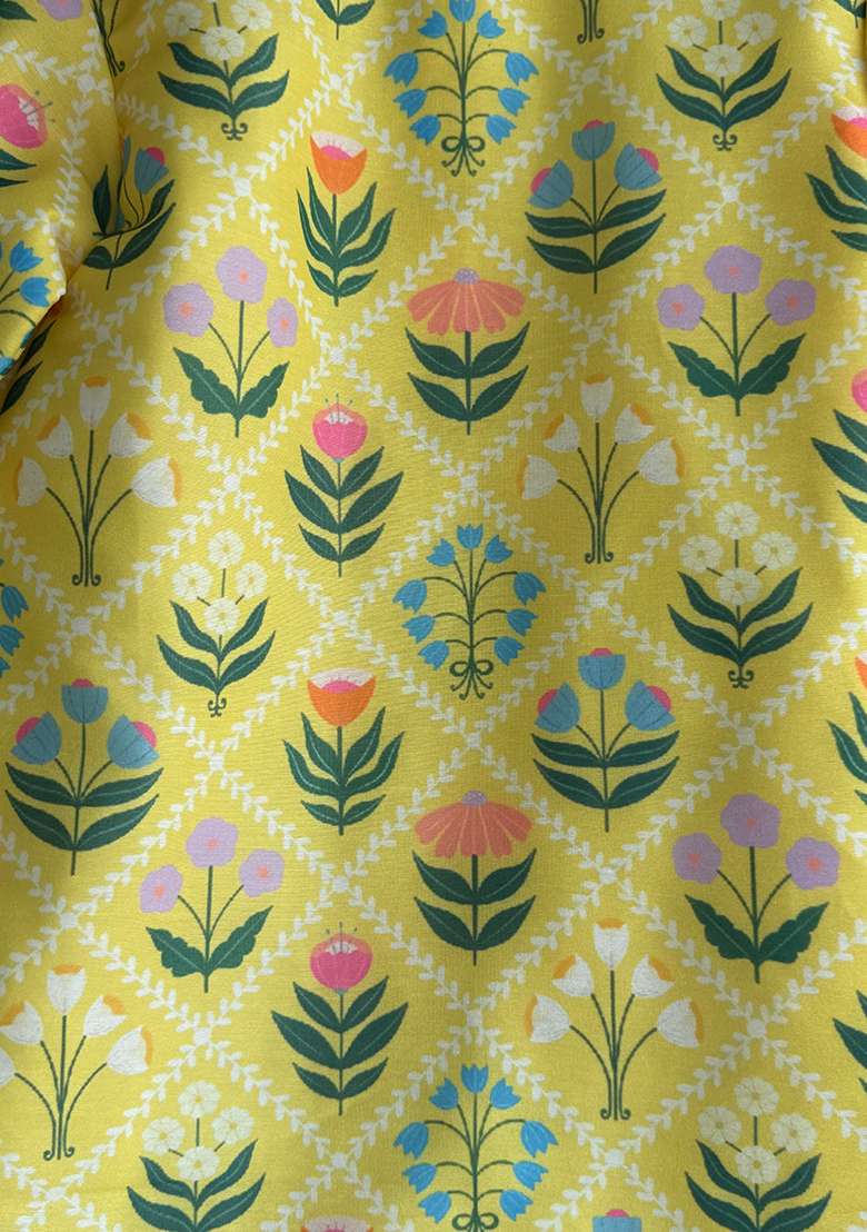 Yellow Printed Cotton Silk Kurta Set For Boys - Indya