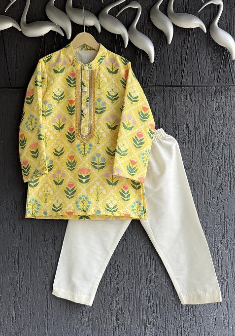 Yellow Printed Cotton Silk Kurta Set For Boys