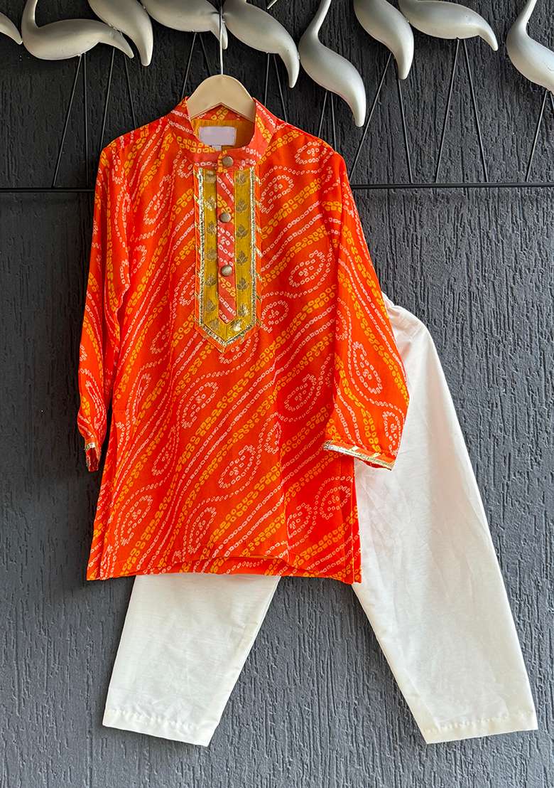 Orange Leheriya Print Cotton Kurta Set For Boys - Indya