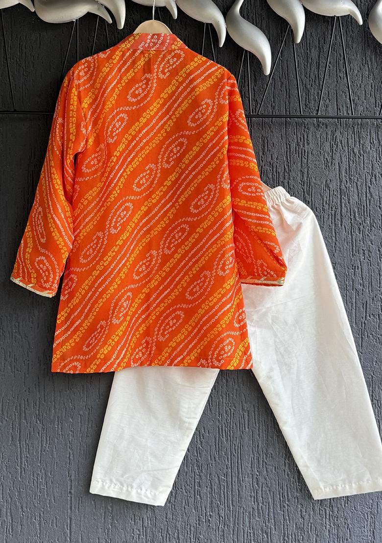 Orange Leheriya Print Cotton Kurta Set For Boys - Indya