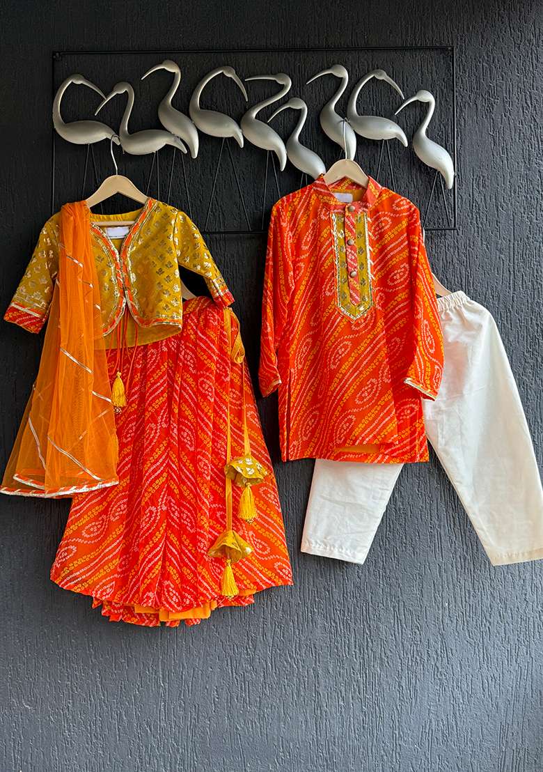 Orange Leheriya Print Cotton Kurta Set For Boys - Indya