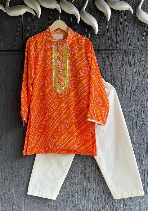 Orange Leheriya Print Cotton Kurta Set For Boys