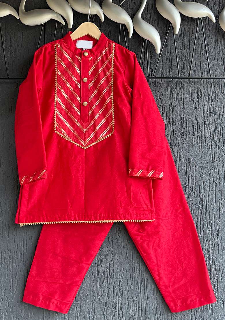 Red Chanderi Cotton Kurta Set For Boys - Indya