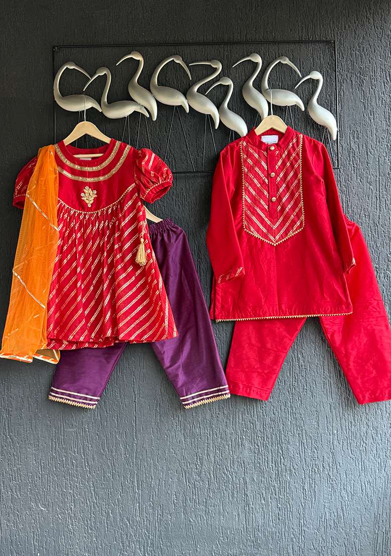 Red Chanderi Cotton Kurta Set For Boys - Indya
