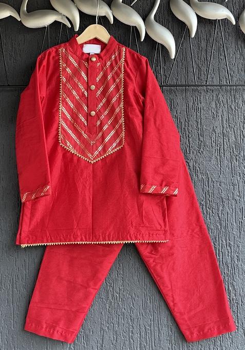 Red Chanderi Cotton Kurta Set For Boys