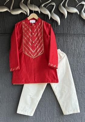 Red Chanderi Cotton Kurta Set For Boys