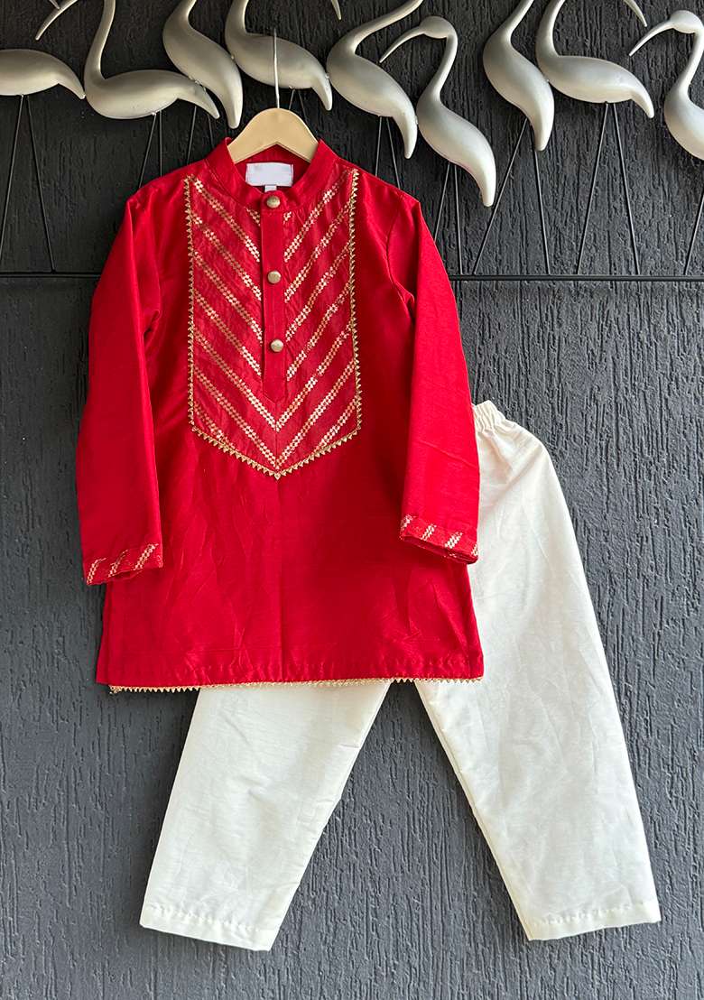 Red Chanderi Cotton Kurta Set For Boys - Indya