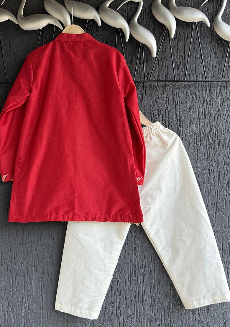 Red Chanderi Cotton Kurta Set For Boys - Indya