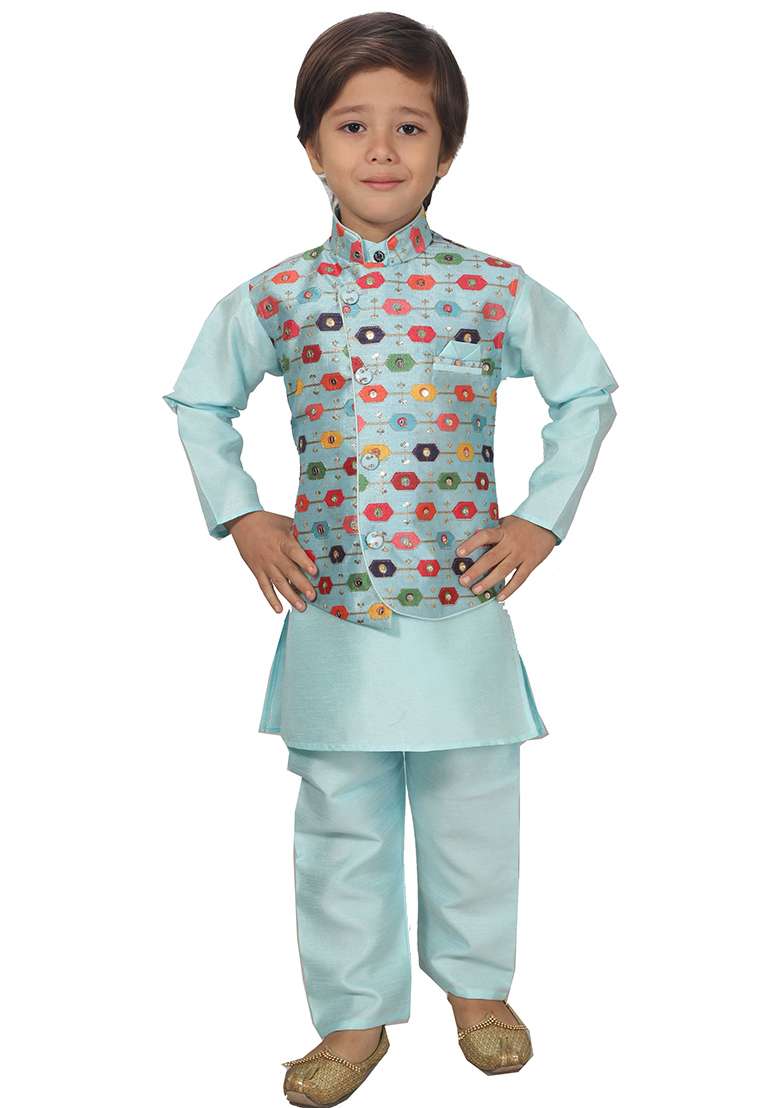 Blue Printed Cotton Blend Kurta Set With Jacket For Boys - Indya