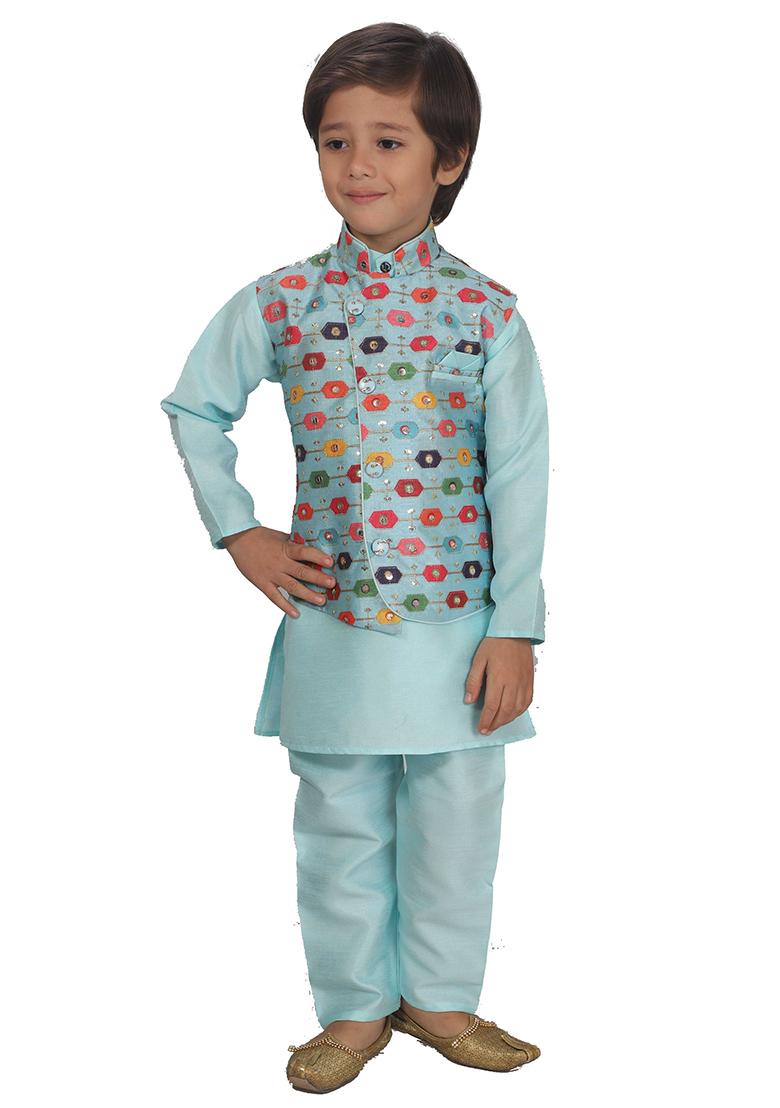 Blue Printed Cotton Blend Kurta Set With Jacket For Boys - Indya
