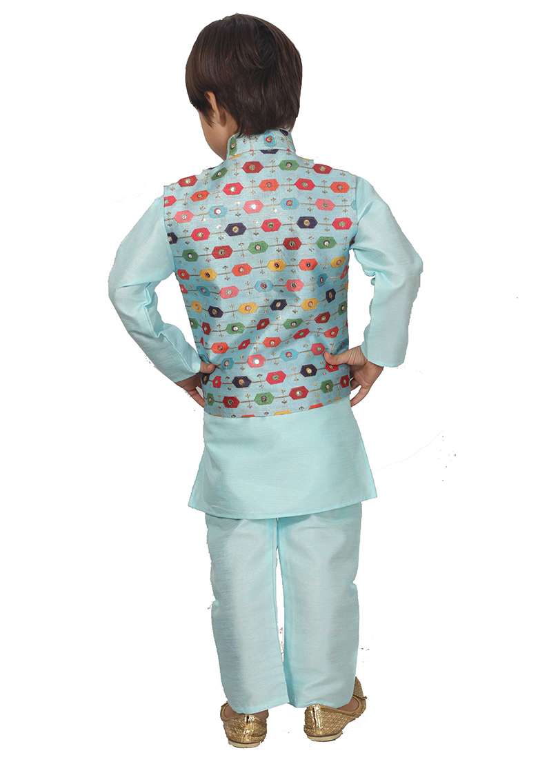 Blue Printed Cotton Blend Kurta Set With Jacket For Boys - Indya