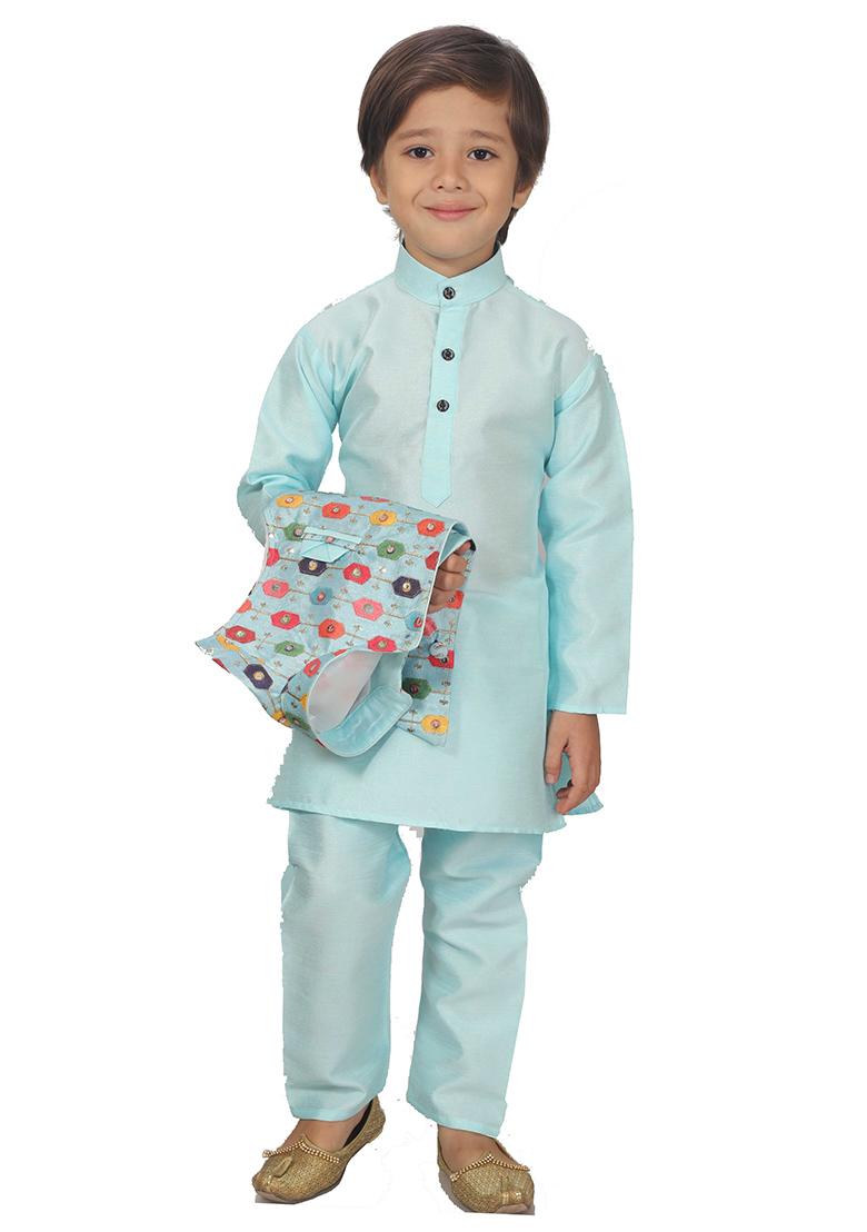 Blue Printed Cotton Blend Kurta Set With Jacket For Boys - Indya