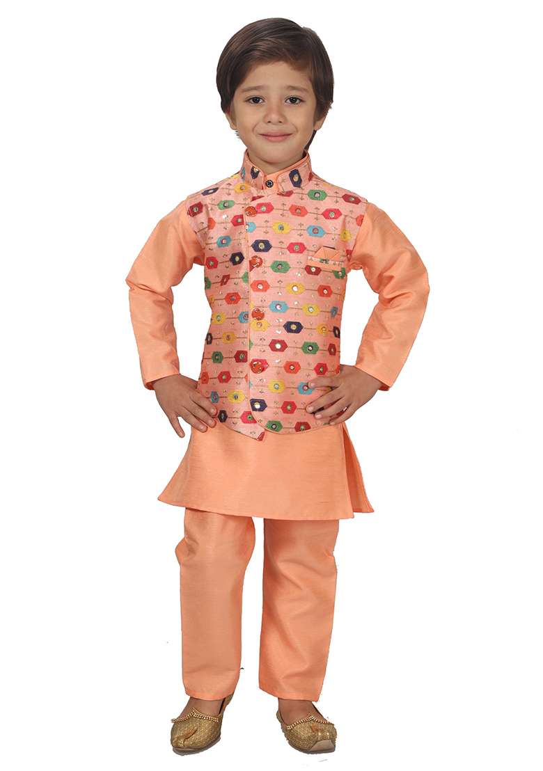 Orange Printed Cotton Blend Kurta Set With Jacket For Boys - Indya