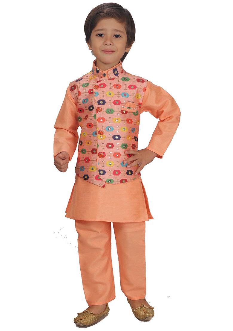 Orange Printed Cotton Blend Kurta Set With Jacket For Boys - Indya