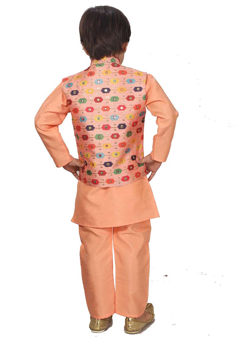 Orange Printed Cotton Blend Kurta Set With Jacket For Boys - Indya
