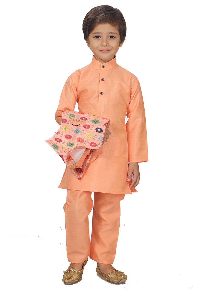 Orange Printed Cotton Blend Kurta Set With Jacket For Boys - Indya