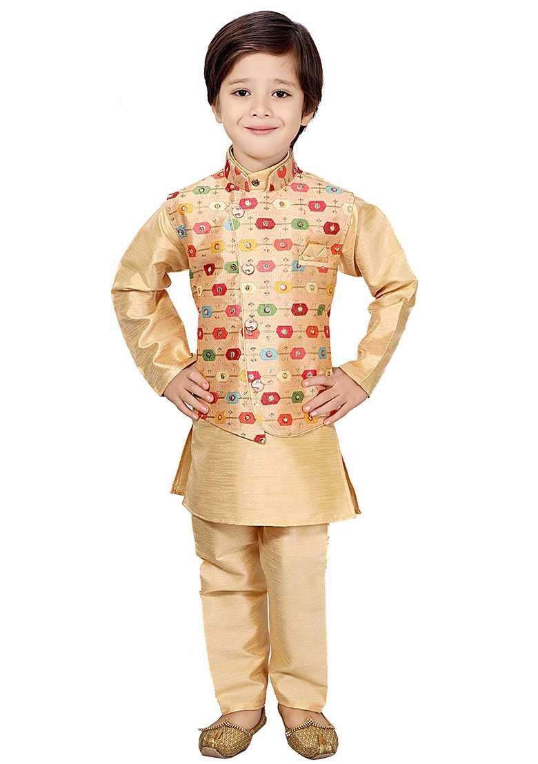 Yellow Printed Cotton Blend Kurta Set With Jacket For Boys - Indya