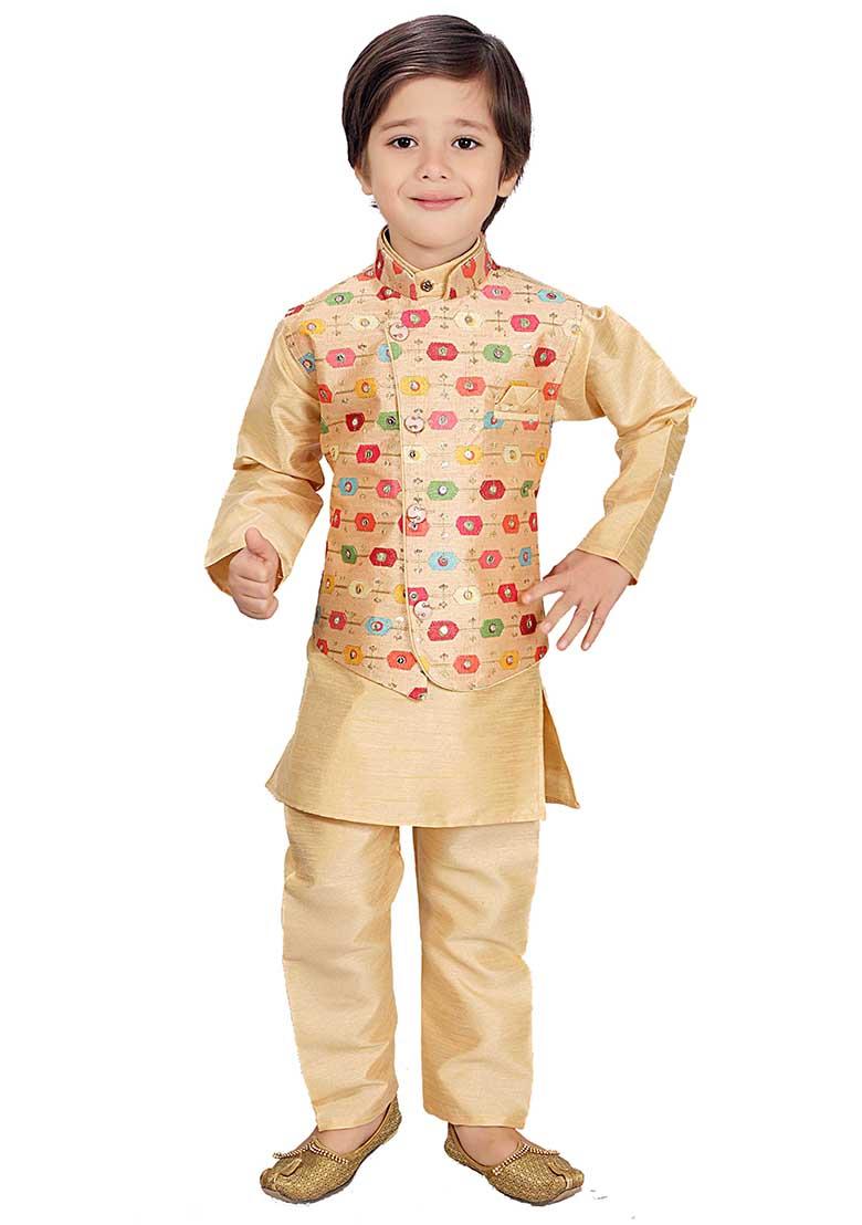 Yellow Printed Cotton Blend Kurta Set With Jacket For Boys - Indya